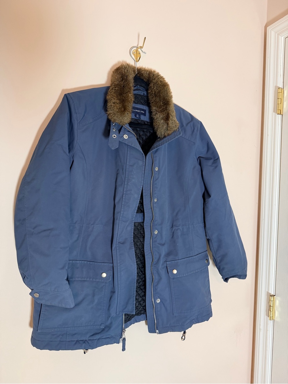 Classic Women’s Blue Utility Jacket with Faux Fur Collar